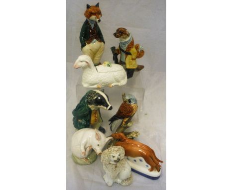 A collection of Cinque Port Pottery, Rye figures to include fox, badger and otter, together with a kestrel model by J Mack, a