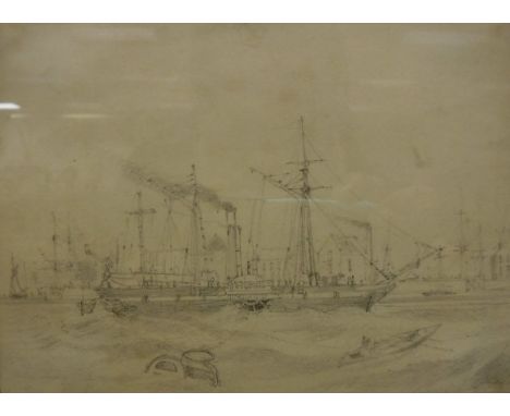 ENGLISH SCHOOL"Ship on sea", pencil sketch, together with R H WADMORE "Old steam paddleboat on the river", pencil sketch 
