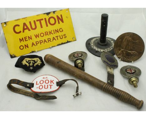 A box containing an enamelled sign inscribed "Caution Men Working On Apparatus", a Royal Automobile Club Associates car masco