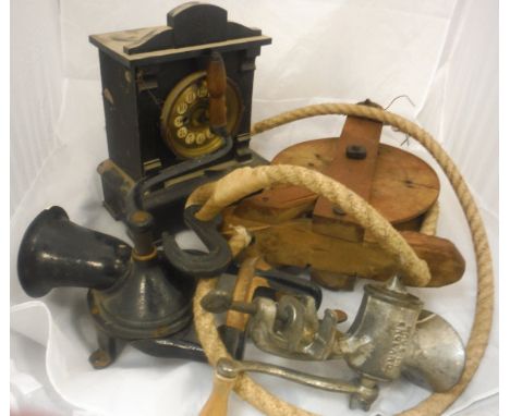 Assorted kitchen and other wares to include coffee grinder marked "Lovelock", pulleys and mantle clock, galvanised bucket etc