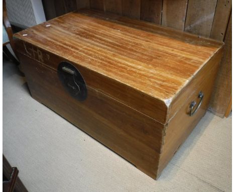 An Oriental campher wood trunk with brass carry handles