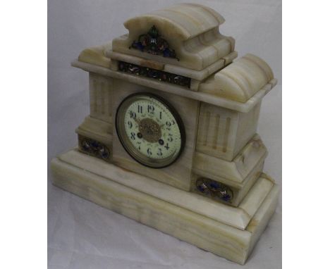 A white onyx mantle clock with Arabic numerals to the dial and champlevé decoration