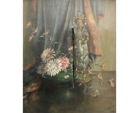 W PASCOE "Oriental deity and flowers in pot", still life study, oil on canvas, signed and dated 1938 lower right, together wi