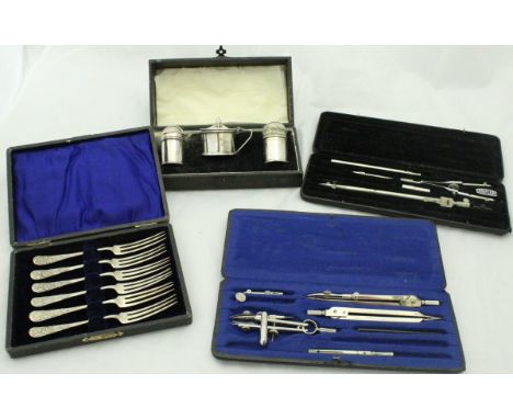 A cased silver plated cruet comprising lidded mustard, salt and pepper, a set of six silver plated cocktail forks and two com