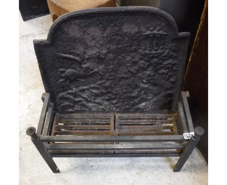 A cast iron fire back with cast iron fire grate