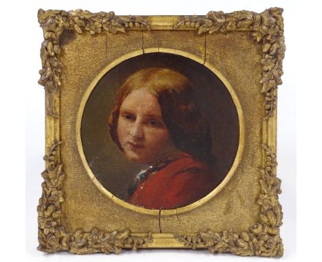 19th century oil on canvas board, head and shoulders portrait of a girl in red, tondo, unsigned, diameter 5.5", original gilt