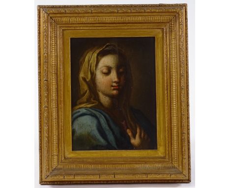 18th / 19th century oil on wood panel, Classical portrait, unsigned, 9" x 7", framed 
