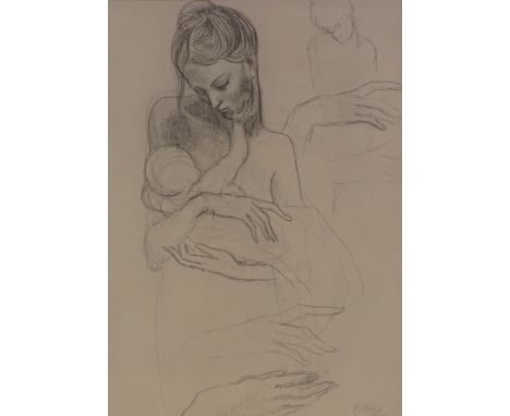 Pablo Picasso, lithograph, mother and child, Blue Period, signed in the plate 1909, 12" x 9", framed 