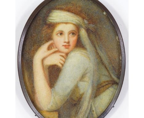 19th century miniature watercolour, Classical portrait of a girl, unsigned, 4" x 3", original oval brass frame 