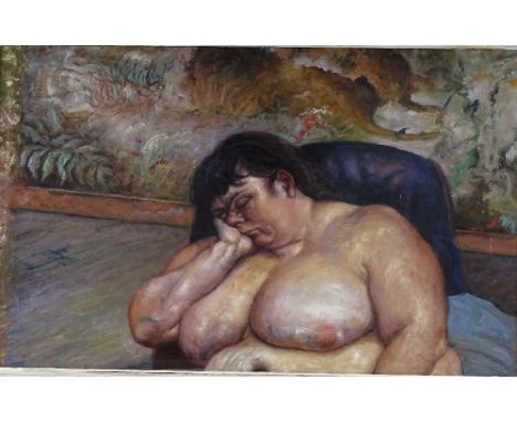 Style of Lucian Freud, modern oil on board, portrait, 20" x 32", framed 