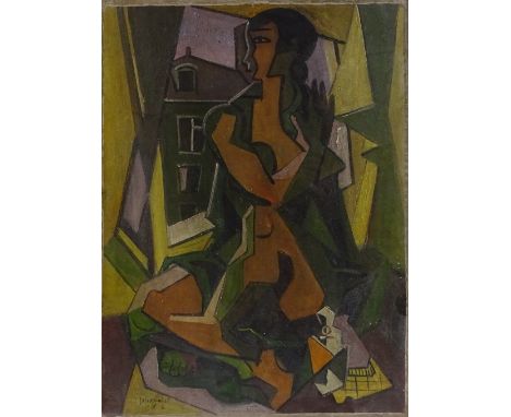 Modern oil on canvas laid on board, cubist style portrait, 19" x 13", framed 