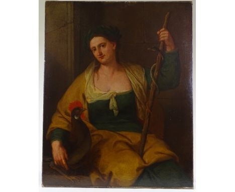 18th century French School, oil on canvas, Classical portrait of a woman and cockerel, unsigned, 39" x 31", unframed 