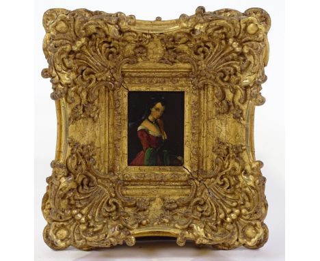 19th century miniature oil on board, 3/4 length portrait of a woman, unsigned, original ornate gilt-gesso frame, image size 2