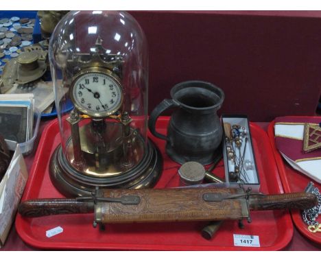 Brass Clock Under Glass Dome, 27cm high. Indian knife and fork with carved wooden handles and sheath. Pewter tankard, hatpins