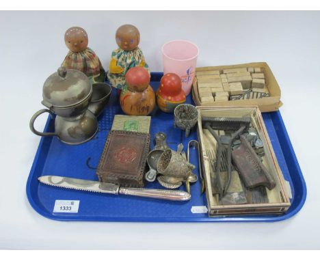 'Grainette' and Ridgeley Graining tools, weights, wooden dolls, Cow &amp; Gate, and Davy of Sheffield advertising measure spo
