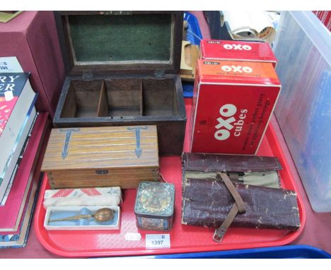 XIX Century Mahogany Tea Caddy, Tallent oak musical jewellery box, oxo tins, geometry implements, spoon, capstan tin:- One Tr