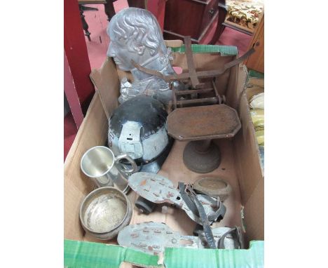 Aluminium Bust of Wellington, 32cm high. Huwood light-type hat, scales, weight, rolling skates, etc:- One Box.