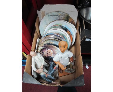 Dentist Figures in Glass, 18cm high, Italian ceramic and wooden (faults). Quantity of display plates, mainly nature themed in