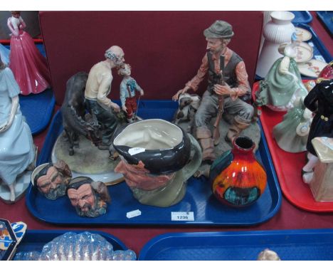 Doulton 'Monty' Character Jug, 14cm high. Two small Merlin jugs, Poole vase, two Capodimonte figurines:- One Tray.