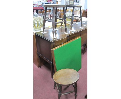 Vono Card Table, three oval topped stools on turned legs with stretchers. (4).