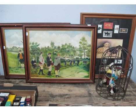 Figure of Pinnochio &amp; Friend in Wirework Cage. R. Ramsden pair of oil paintings, The Shooting Party, 39 x 49cm. Dog monta
