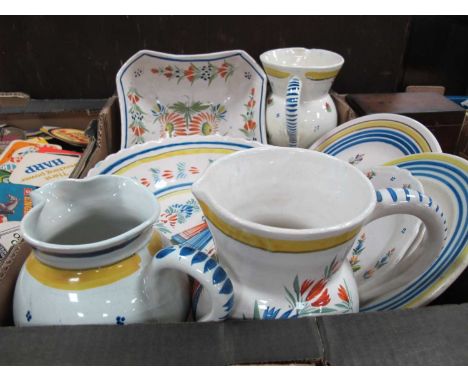 Quimper Pottery in Traditional Colours, to include bowl featuring lady, 30cm diameter, jugs, plates, etc:- One Box.