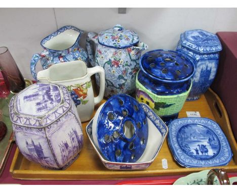 Maling Hexagonal Pottery Tea Caddy and Cover, 18.5cm high, similar tin,chintz hot water jug, posy vase, etc:- One Tray and mi