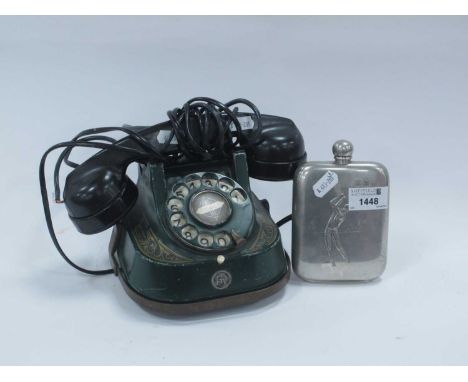 Vintage Bell Telephone MFG Company, with brass carrying handle, together with a pewter flask, decorated with a golfer.