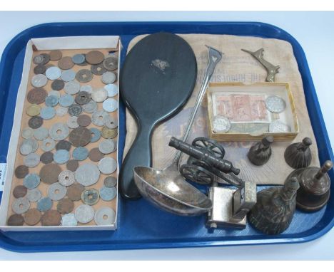 World Coinage, two banknotes, plated ladle, brass bells, cannon, sausage dog, calendar, etc.