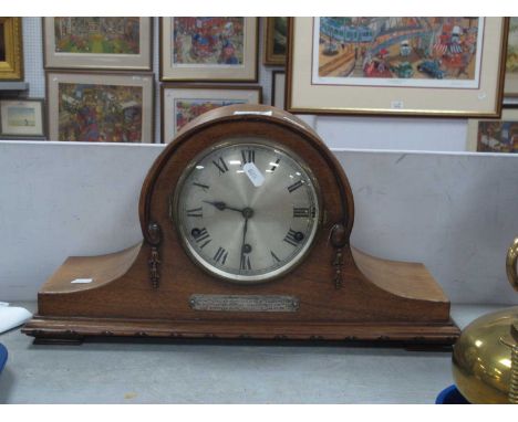 1930s Mahogany "Napolean" Westminster Chime Mantel Clock, (with presentation plaque - Presented to Mr. P. B Odom, 23 years as