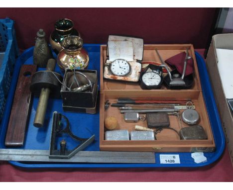 Dr Rumney's Tins, pencils, pocket watches, hair clippers, tools, glass vases, etc:- One Tray.