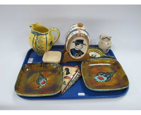 Quimper Bastian Le Pemp Shell Plates, of square form (x 2), spirit barrel, jug, ashtray, St Malo wall pocket, etc:- One Tray.