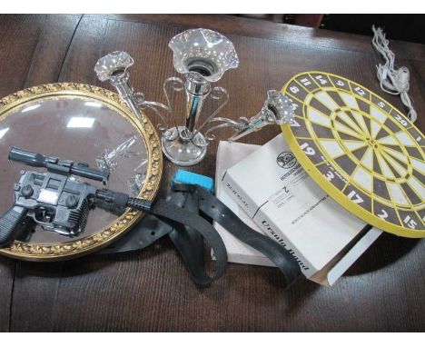 Silver Plated Three Flute Epergne, 27cm high, mirror, plates, Star Wars gun, dartboard and darts, etc:- One Box.