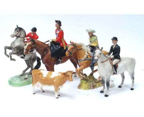 Beswick Figures, with faults including Queen Elizabeth II, mounted on imperial, 868 red jacket Huntsman, black jacketed femal