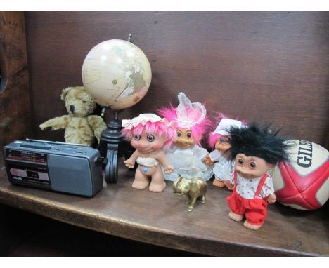 Alba cassette recorder, globe on stand, Troll dolls some from Russ, Gilbert rugby ball, brass elephant and a well loved vinta