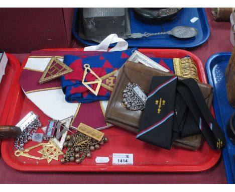 A Masonic Hat and Sash, with gilt/gold epaulettes, a Masonic leather bag to Bro. William Henry Whittaker Kilburn Lodge, a Mas