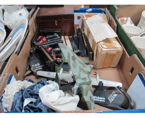 Model Planes, fans, doll, XIX Century tea caddy, bookends:- One Box.