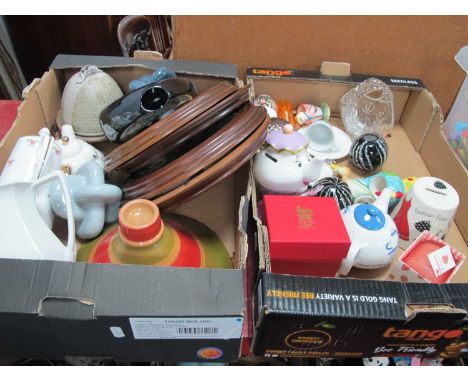 Caithness and glass Paperweights. Novelty teapots, Pall Mall coffee pot, wall plates, etc:- Two Boxes