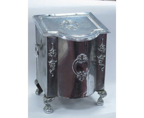 A Decorative Coal Bin, with hinged sloping lid and twin ring handles, on ball and claw feet (damages), overall height 42cm.