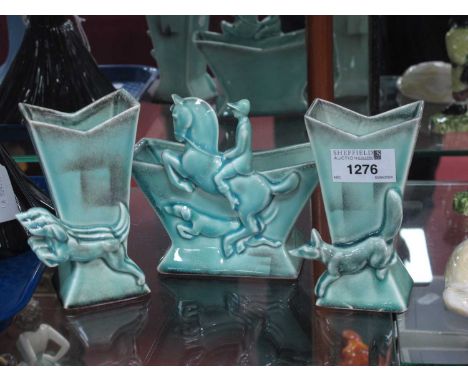 Goebel Art Deco Three Piece Posy Garniture, featuring Huntsman on Horse, dogs and fox, each in green ZF 313 A,B &amp; C, (one