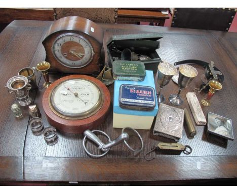 Short &amp; Mason Barometer, mantle clock, horn beaker, cutlery, brass bell, metalware:- One Box.