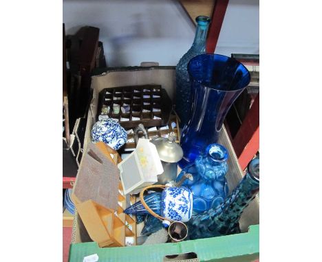 Blue Glass Italian Bath Salt Bottles, thimbles, plated tea service:- One Box