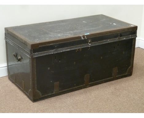 Early 20th century metal bound trunk with camphor wood lining, W107cm