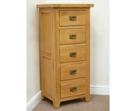 Narrow light oak five drawer pedestal chest, W55cm