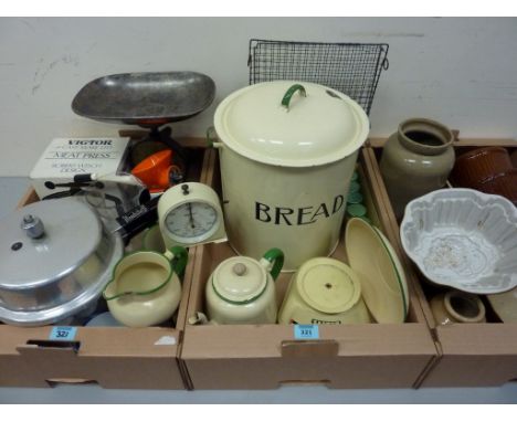 Vintage enamel kitchenware including bread bin, scales, spice jars, time clock, Victorian green glazed jelly mould, stoneware