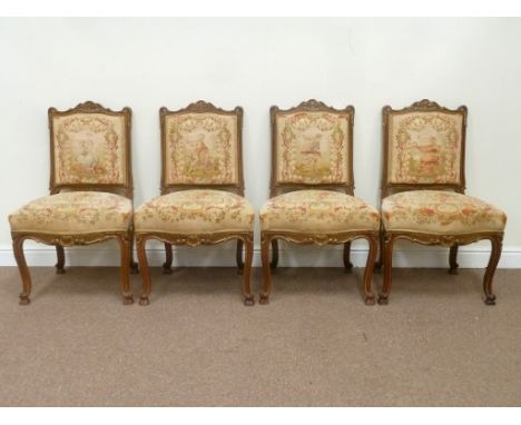 Set four late 19th century French walnut armchairs, tapestry upholstered seats and backs