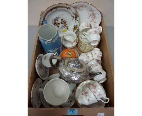 Paragon Victoriana Rose tea set, Meissen plate, Wedgwood Jasperware jug, silver-plated teapot etc in one box