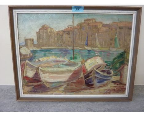 'St. Tropez Harbour South of France' oil on board signed and dated  Gwen Wade (19)56  29cm x 39cm