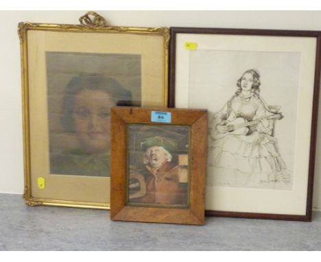 Town Crier, 19th/20th century watercolour in birds eye maple frame; Bust Portrait of a girl, oil in gilt frame; Lady playing 