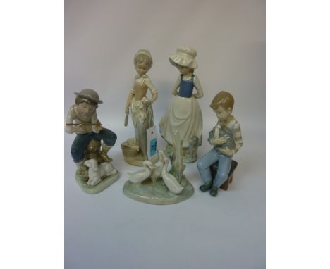 Nao figure of a shepherd, Nao figure of a boy with a puppy, two other Nao figures and a Nao goose group (5)